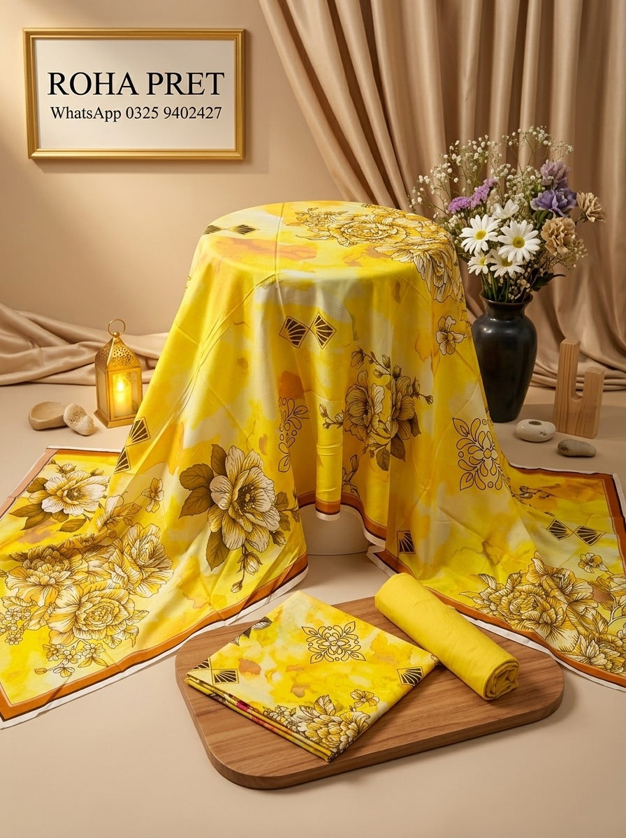 Golden Marigold Luxury Digital Print Unstitched Linen Suit (3-Piece)