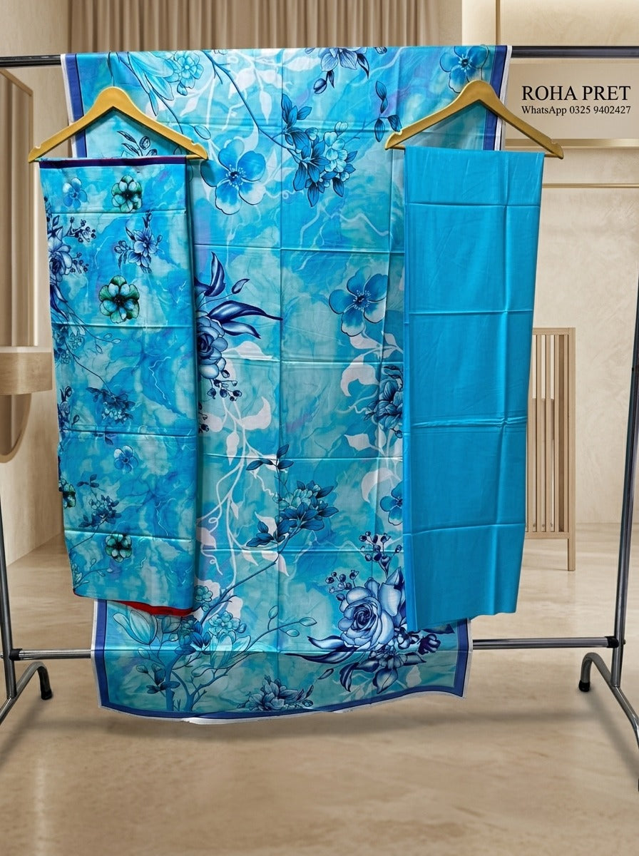 Azure Dream Luxury Digital Print Unstitched Linen Suit (3-Piece)
