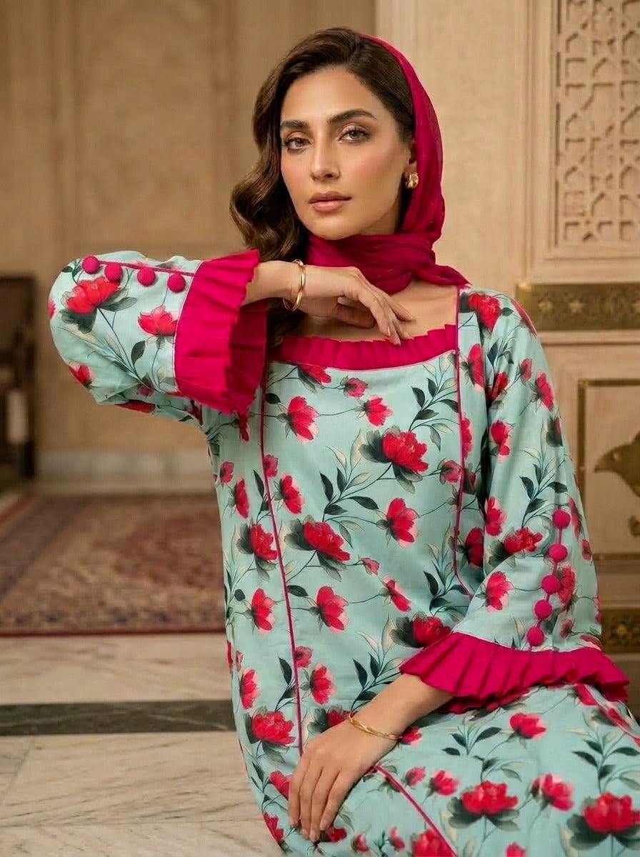 Elegant 2-Piece Floral Frock – Premium Lilian Fabric